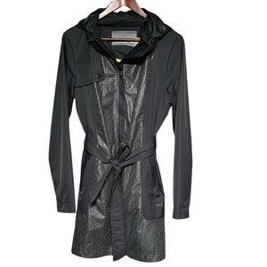 Lole Mid-Season Long Belted Rain Jacket Trench Coat Black Hooded Full Zip